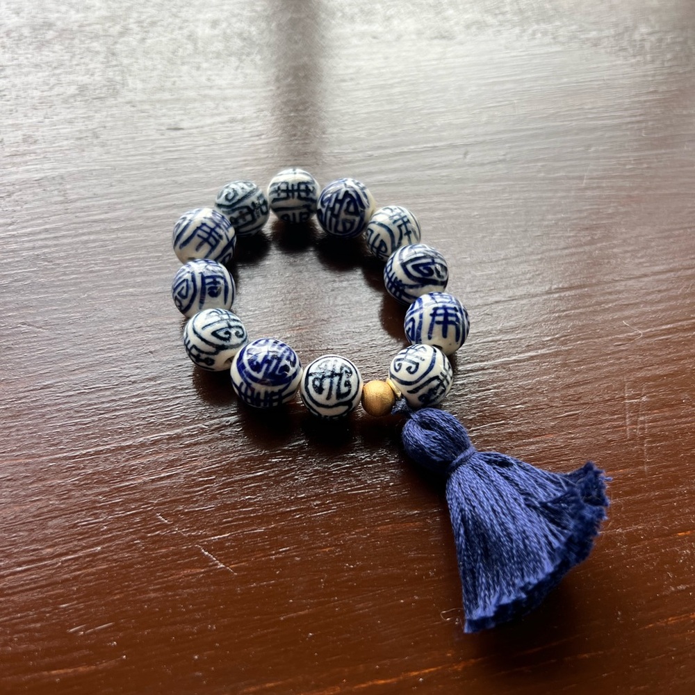 Blue and White Beaded Bracelet with Tassel